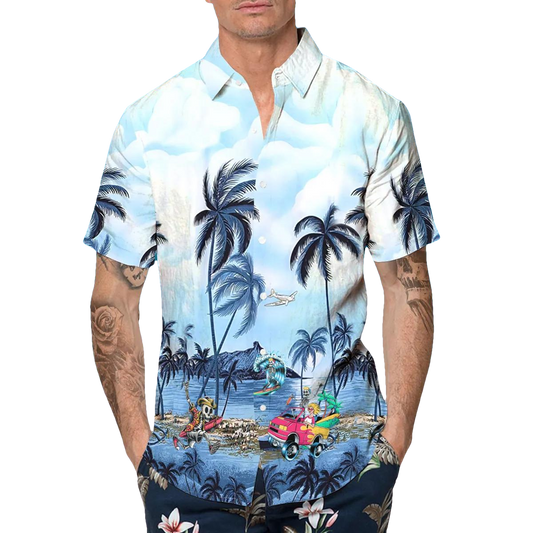 Blue Ocean Coconut Tree Skull Hawaiian Shirt, Hawaiian Button Up Shirt, Tropical Shirts For Men Moonbestprint