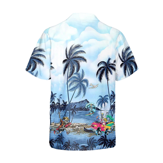 Blue Ocean Coconut Tree Skull Hawaiian Shirt, Hawaiian Button Up Shirt, Tropical Shirts For Men Moonbestprint