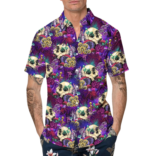 Colorful Mushroom Skull Hawaiian Shirt, Hawaiian Button Up Shirt, Tropical Shirts For Men Moonbestprint