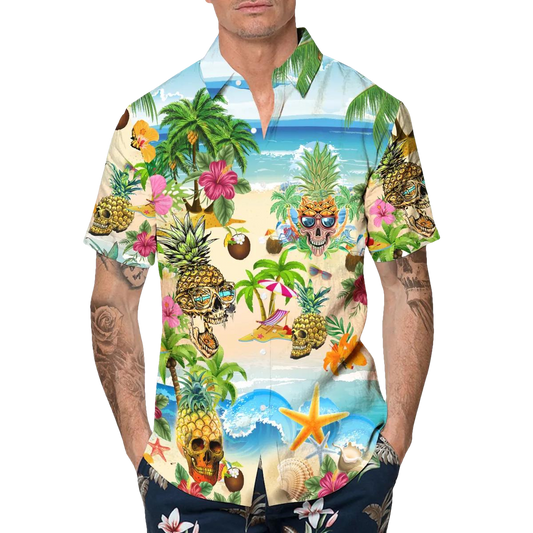 Funny Beach With Pineapple Skull Hawaiian Shirt, Hawaiian Button Up Shirt, Tropical Shirts For Men Moonbestprint