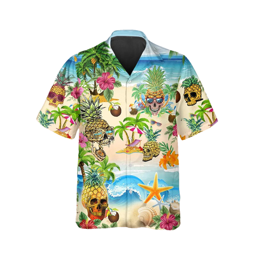 Funny Beach With Pineapple Skull Hawaiian Shirt, Hawaiian Button Up Shirt, Tropical Shirts For Men Moonbestprint