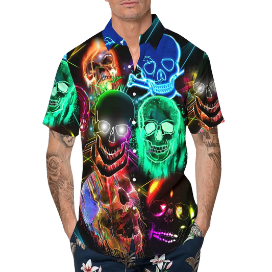 Neon Light Skull Hawaiian Shirt, Hawaiian Button Up Shirt, Tropical Shirts For Men Moonbestprint