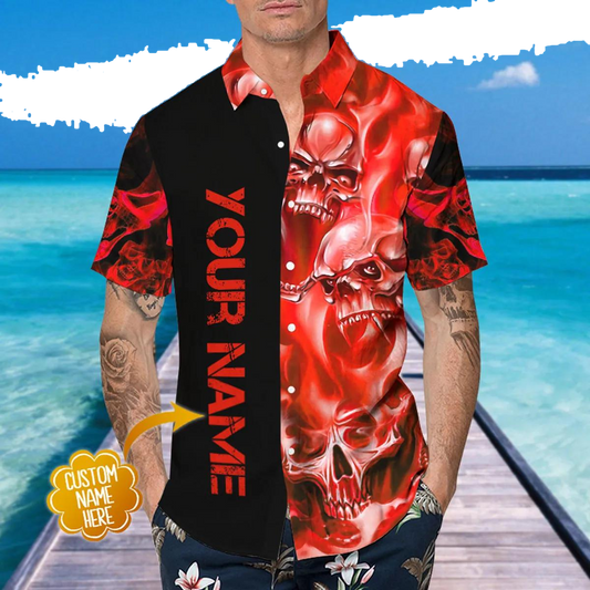 Red Skull Pile Personalized Hawaiian Shirt, Hawaiian Button Up Shirt, Tropical Shirts For Men Moonbestprint