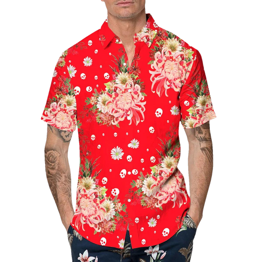Rose Flower Skull Hawaiian Shirt, Hawaiian Button Up Shirt, Tropical Shirts For Men Moonbestprint