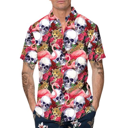 Skull With Flamingo And Leopard Hawaiian Shirt, Hawaiian Button Up Shirt, Aloha Shirts Moonbestprint