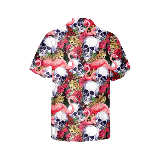 Skull With Flamingo And Leopard Hawaiian Shirt, Hawaiian Button Up Shirt, Aloha Shirts Moonbestprint