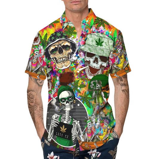 Stoner Smoking Skull Hawaiian Shirt, Hawaiian Button Up Shirt, Tropical Shirts For Men Moonbestprint