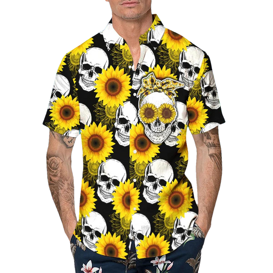 Sunflower Skull Hawaiian Shirt, Hawaiian Button Up Shirt, Tropical Shirts For Men Moonbestprint