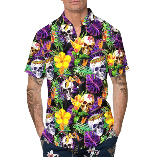Tropical Floral Skull Hawaiian Shirt, Hawaiian Button Up Shirt, Tropical Shirts For Men Moonbestprint
