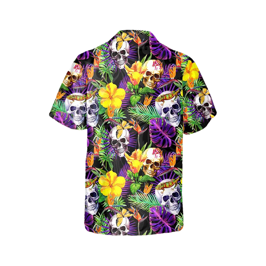Tropical Floral Skull Hawaiian Shirt, Hawaiian Button Up Shirt, Tropical Shirts For Men Moonbestprint