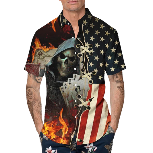 USA Poker Skull Hawaiian Shirt, Hawaiian Button Up Shirt, Aloha Shirts Moonbestprint