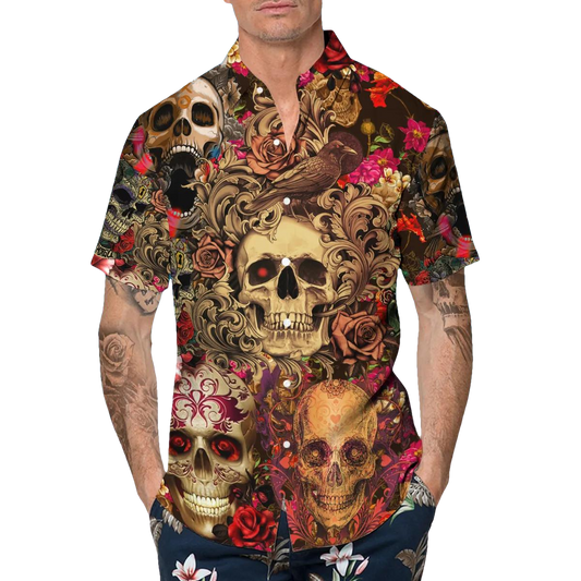 Vintage Flower Skull Hawaiian Shirt, Hawaiian Button Up Shirt, Aloha Shirts Moonbestprint