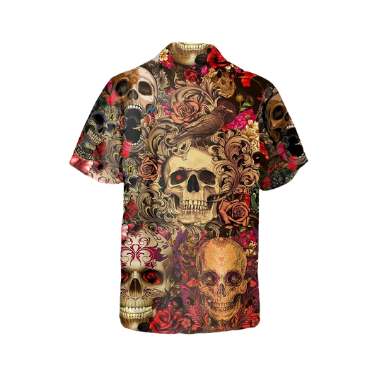Vintage Flower Skull Hawaiian Shirt, Hawaiian Button Up Shirt, Aloha Shirts Moonbestprint