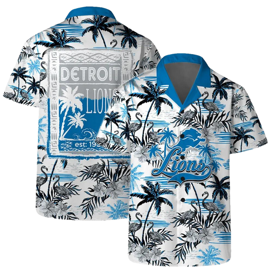 Detroit Lions Team Logo Pattern Flamingo Hibiscus Hawaiian Set, NFL Hawaiian Shirt Moonbestprint
