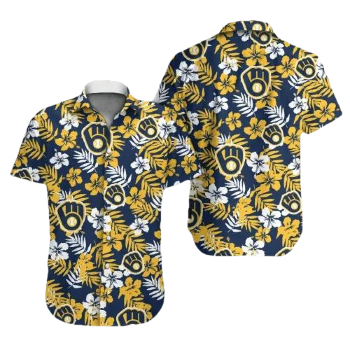 Milwaukee Brewers Hawaiian Shirt Brewers Symbol Yellow Hibiscus Hawaii Shirt Awesome Milwaukee Brewers Aloha Shirt, MLB Hawaiian Shirt Moonbestprint