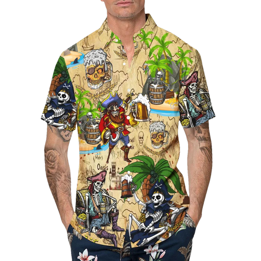 Beach Party Pirates Captain Skeleton Beer Skull Hawaiian Shirt, Hawaiian Button Up Shirt, Tropical Shirts For Men Moonbestprint