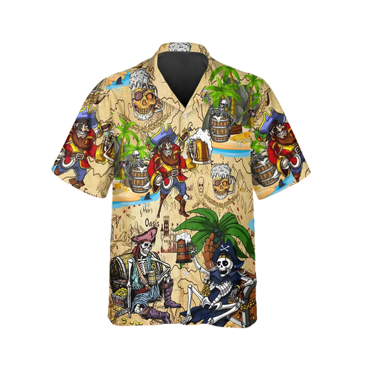 Beach Party Pirates Captain Skeleton Beer Skull Hawaiian Shirt, Hawaiian Button Up Shirt, Tropical Shirts For Men Moonbestprint