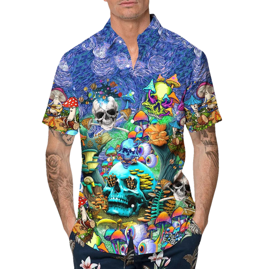 Colorful Psychedelic Trippy Skull Hawaiian Shirt, Hawaiian Button Up Shirt, Tropical Shirts For Men Moonbestprint