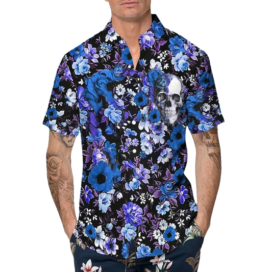 Blue Happy Summer Flowers Grinning Skull Hawaiian Shirt, Hawaiian Button Up Shirt, Tropical Shirts For Men Moonbestprint