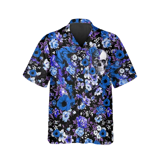 Blue Happy Summer Flowers Grinning Skull Hawaiian Shirt, Hawaiian Button Up Shirt, Tropical Shirts For Men Moonbestprint