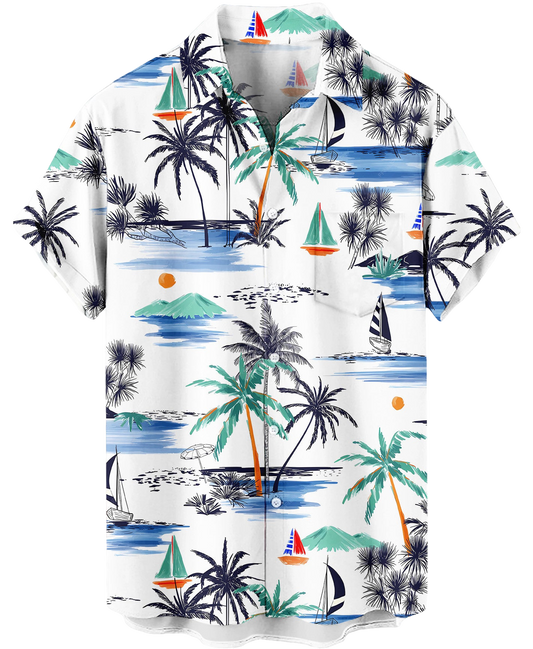 White Tropical Palm Trees and Sailboats Hawaiian Shirt – - Moonbestprint