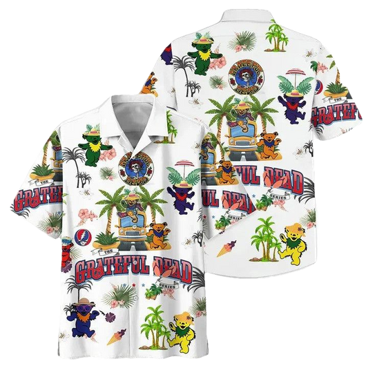 White Grateful Dead Hawaiian Shirt with Bears and Bus - Moonbestprint