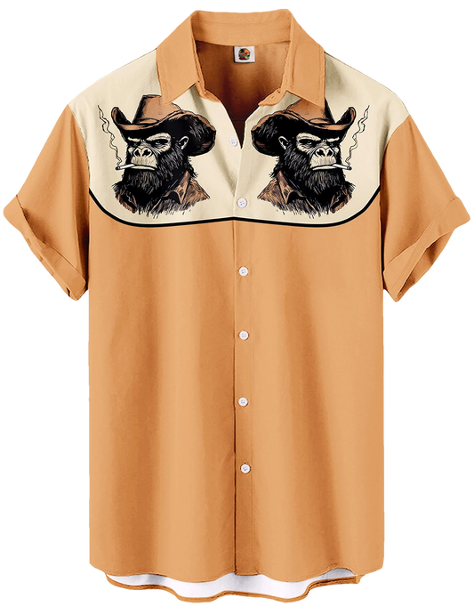 Western Cowboy Gorilla Print Tan Color Hawaiian Shirt - Moonbestprint