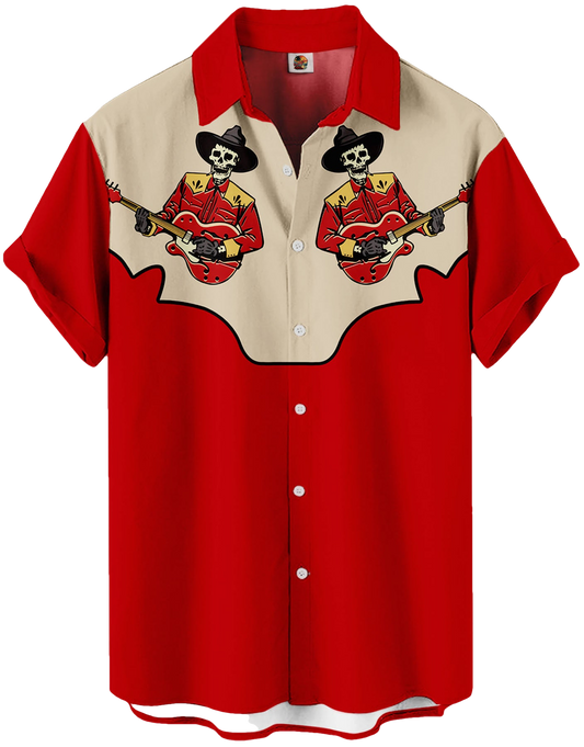 Western Skeleton Cowboy Guitar Player Design Red Beige Hawaiian Shirt - Moonbestprint