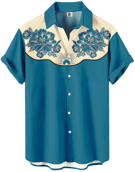 Western Shirt – Teal Blue Floral Embroidered - Moonbestprint