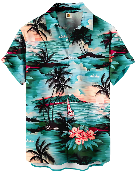 Turquoise Tropical Palm Beach Hawaiian Shirt – Summer Aloha - Moonbestprint