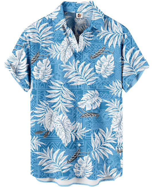 Tropical Palm Leaf Print Blue White Hawaiian Shirt - Moonbestprint