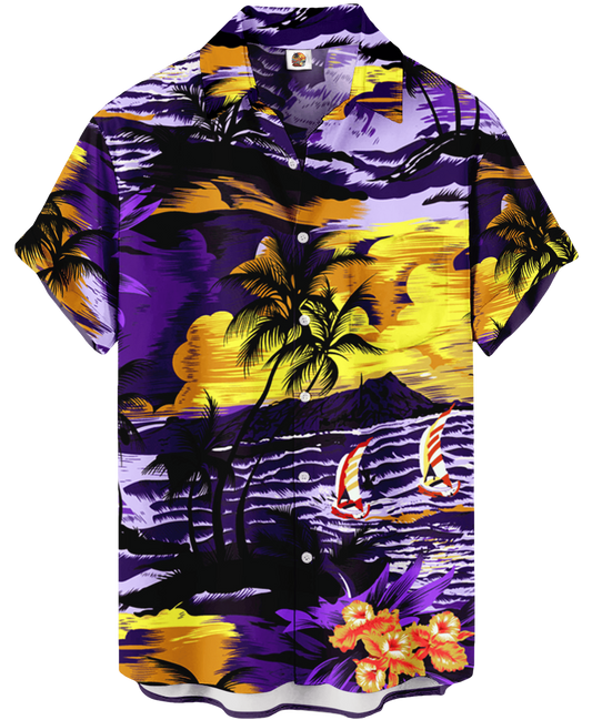 Tropical Palm Tree Hawaiian Shirt – Purple and Yellow Aloha - Moonbestprint