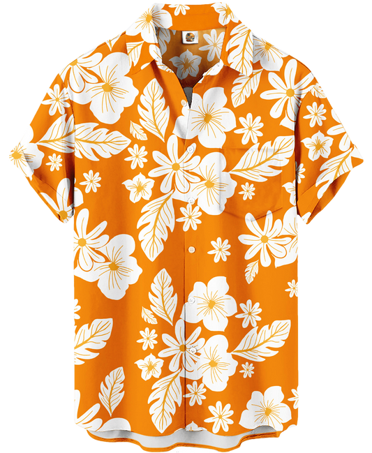 Tropical Hibiscus Hawaiian Shirt – Orange and White Floral - Moonbestprint