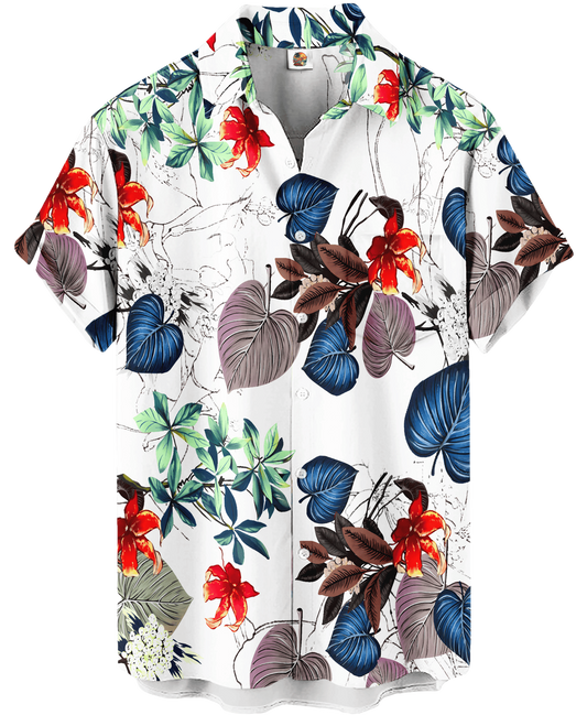 Tropical Leaves Hawaiian Shirt – White Floral - Moonbestprint