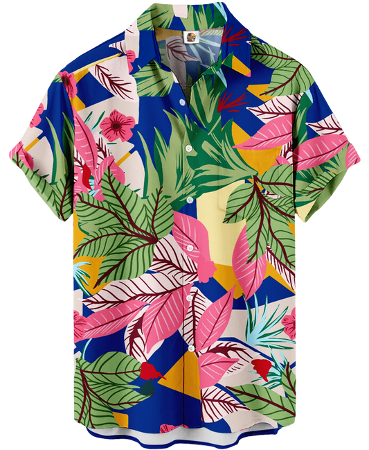 Tropical Leaf Hawaiian Shirt – Blue and Pink Floral - Moonbestprint