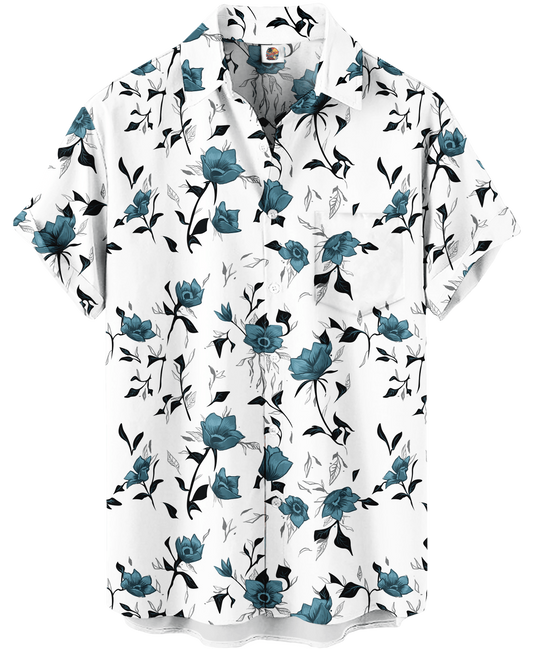 Teal Roses Hawaiian Shirt – White Floral - Moonbestprint