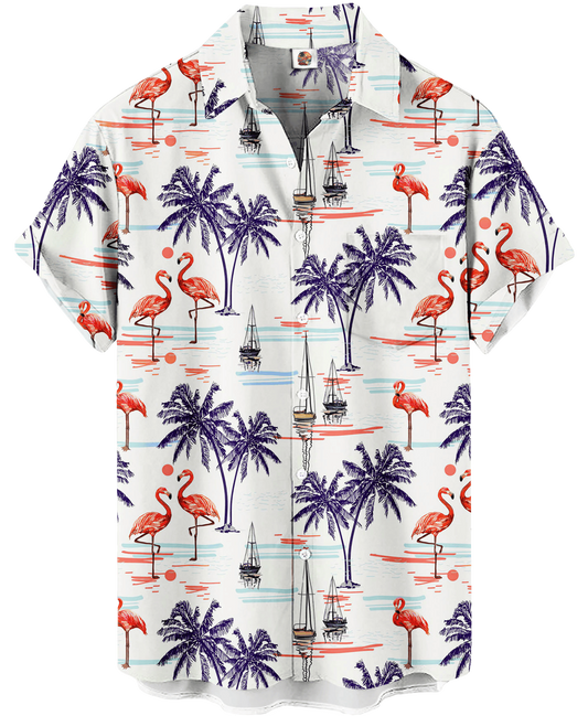 Tropical Flamingo Palm Tree Print White Hawaiian Shirt - Moonbestprint