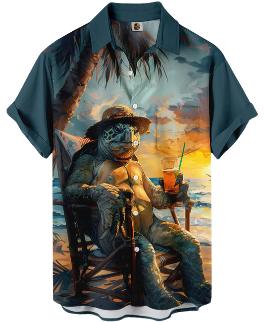 Teal Hawaiian Shirt – Beach Turtle Print, Casual Summer - Moonbestprint