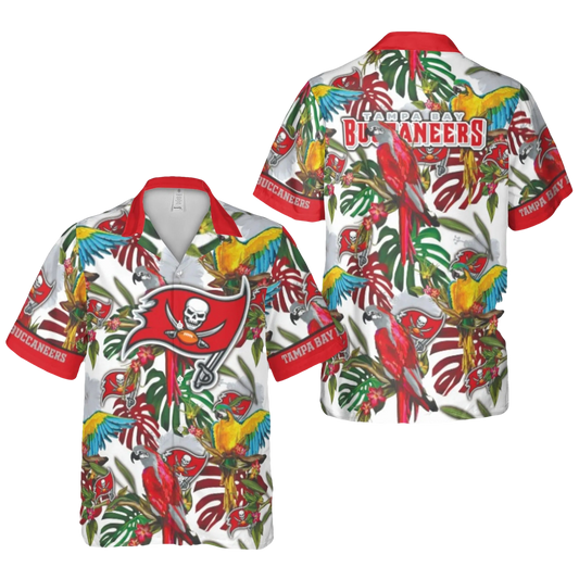 Tampa Bay Buccaneers With Tropical Parrots And Leaves Hawaiian Shirt - Moonbestprint