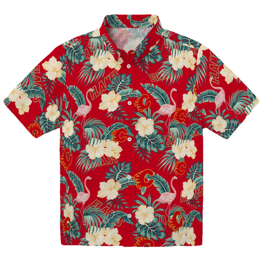 Calgary Flames Hawaiian Shirt - Flamingo and Hibiscus - Moonbestprint