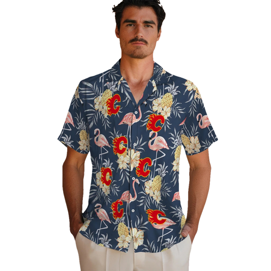 Calgary Flames Hawaiian Shirt - Flamingo Hibiscus - Moonbestprint