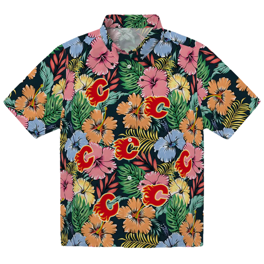 Calgary Flames Hawaiian Shirt - Brilliant Hibiscus Garden - Moonbestprint