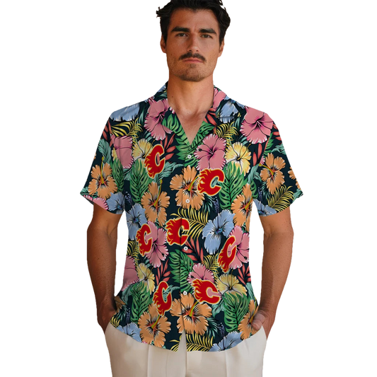 Calgary Flames Hawaiian Shirt - Brilliant Hibiscus Garden - Moonbestprint