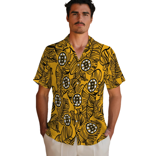 Boston Bruins Hawaiian Shirt - Leaf Outline - Moonbestprint