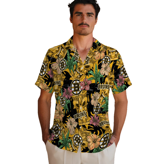 Boston Bruins Hawaiian Shirt - Hibiscus Tiki Jungle - Moonbestprint