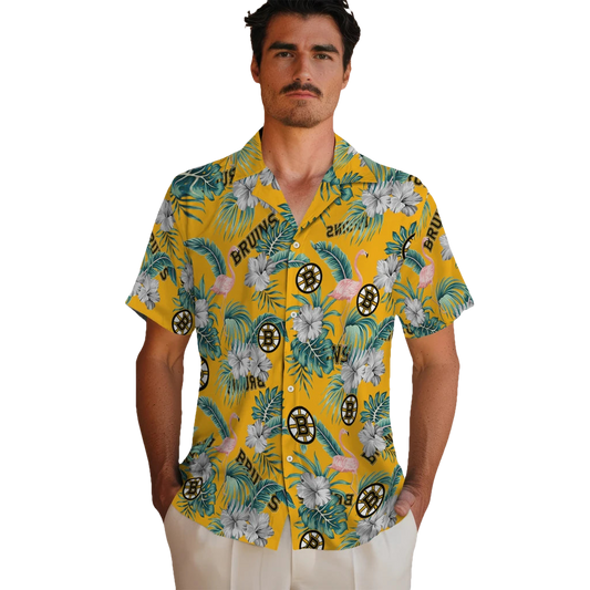 Boston Bruins Hawaiian Shirt - Flamingo and Hibiscus - Moonbestprint