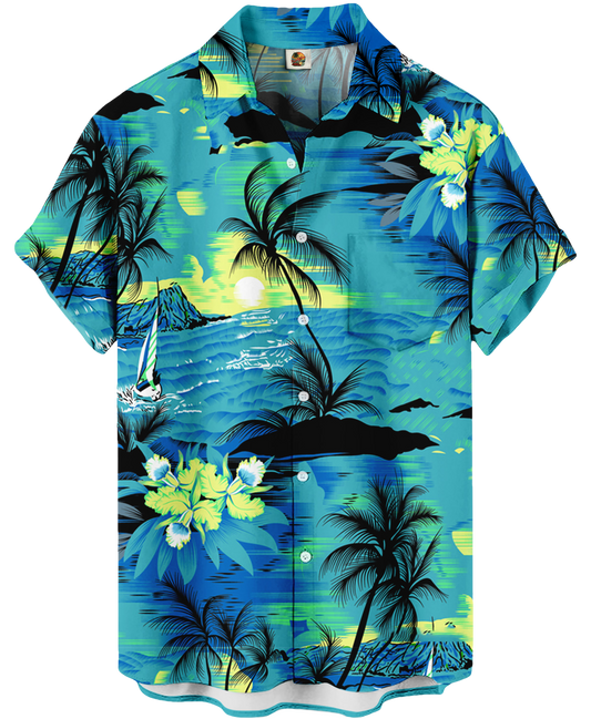Blue and Green Tropical Palm Trees Hawaiian Shirt – - Moonbestprint