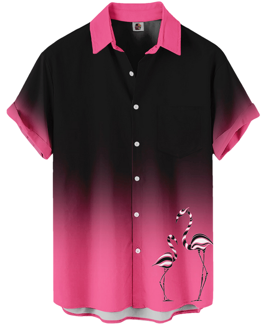 Black Pink Ombre Flamingo Print Casual Hawaiian Shirt - Moonbestprint