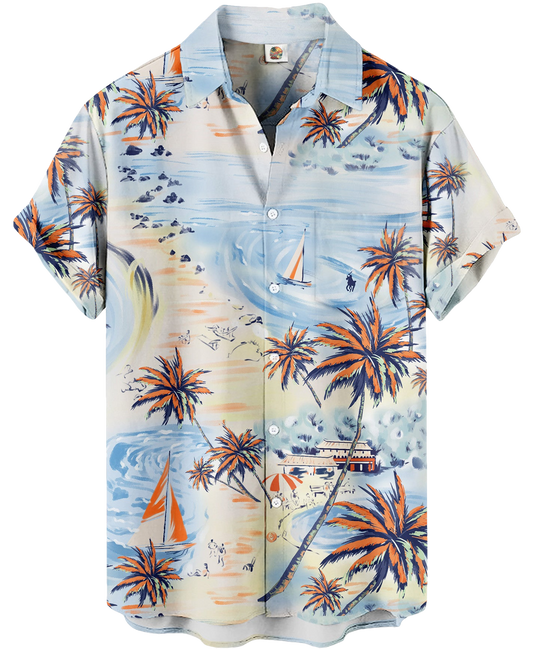 Beach Print Palm Trees Sailboats Light Blue Hawaiian Shirt - Moonbestprint