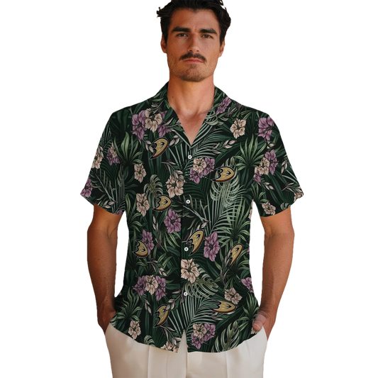 Anaheim Ducks Hawaiian Shirt - Hibiscus Leaves Pattern - Moonbestprint
